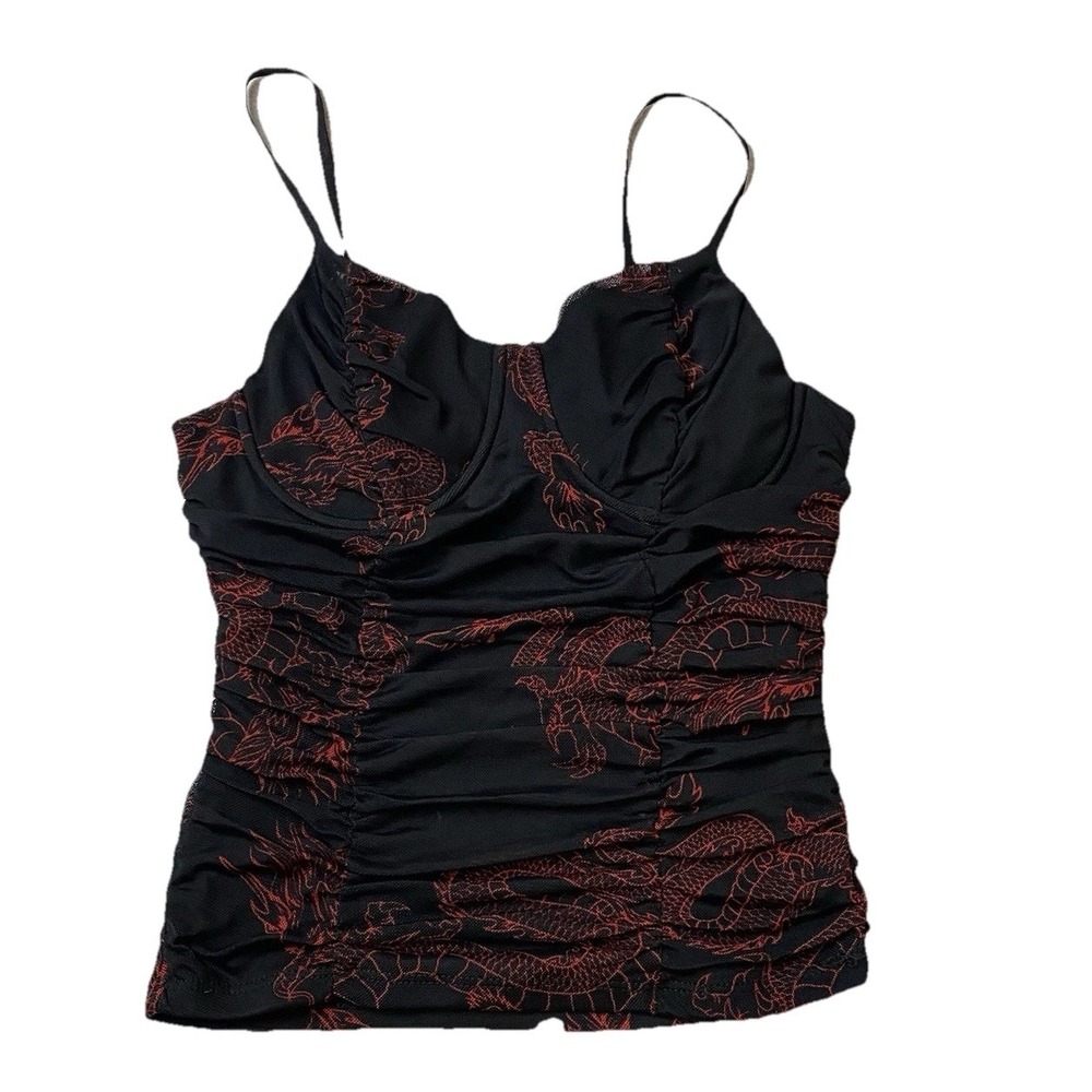 Just Polly Laced Meshed Tank Top Dragon Crop Size Medium Black Red Grunge